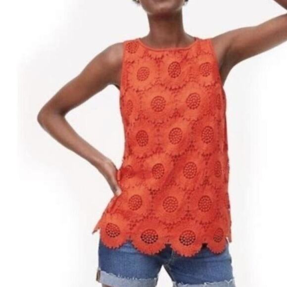 Loft Size Small Red Orange Blouse Embroidered Sunflower Lace Floral Top Cotton - Picture 1 of 12